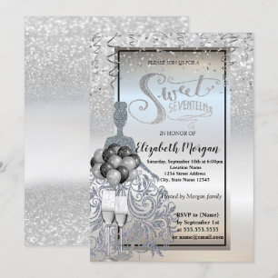 Silbernes Glitterkleid, Glas, Luftballons Sweet 17 Einladung