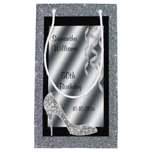 Silbernes Glittery Stilett u. Ausläufer-50. Kleine Geschenktüte (Vorderseite)