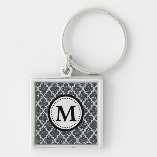 Silbernes Glitzer Quatrefoil Muster-Monogramm Silberfarbener Quadratischer Schlüsselanhänger