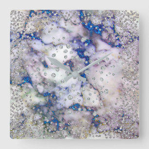 Silbernes Grau-Diamant-Kristall-Marmor-Blau-Marine Quadratische Wanduhr