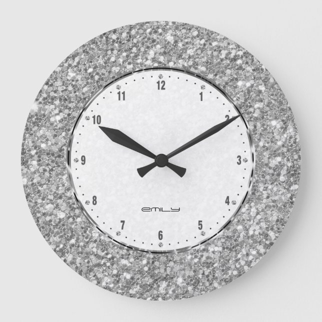Silbernes Grau-Glitzer-Beschaffenheits-Druck Große Wanduhr (Vorderseite)