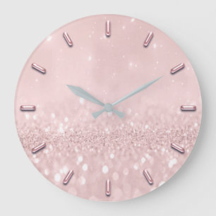 Silbernes Grau-Glitzer-minimale rosa Rose erröten Große Wanduhr