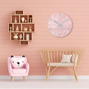 Silbernes Grau-Glitzer-minimale rosa Rose erröten Runde Wanduhr