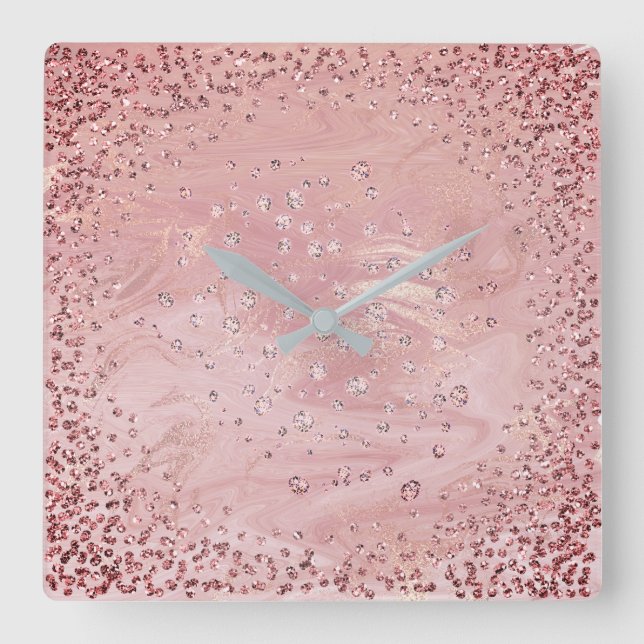 Silbernes Grau-Graphitdiamant-Kristall-Marmor-Rosa Quadratische Wanduhr (Vorderseite)