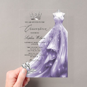 Silbernes lila Kleid Winter Schneeflocken Quinceañ Acryleinladungen