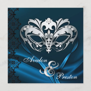 Silbernes Maskerade-Blau Jeweled Wedding Einladung