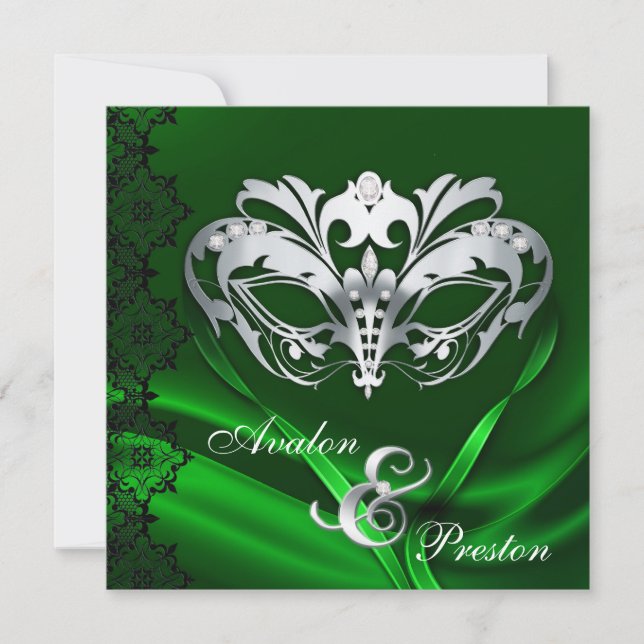 Silbernes Maskerade-Grün Jeweled Wedding Einladung (Vorderseite)