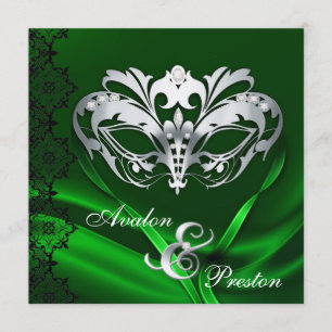 Silbernes Maskerade-Grün Jeweled Wedding Einladung