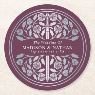 Silbernes Mauve Royal Mittelalter Schwert Hochzeit Runder Pappuntersetzer