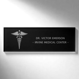 Silbernes medizinisches Caduceus-Schwarzes Namenschild