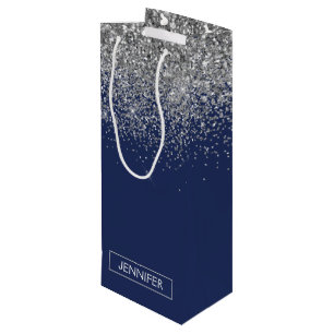 Silbernes Navy Blau Glitter Girly Monogramm Name Geschenktüte Für Weinflaschen