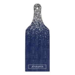 Silbernes Navy Blau Glitter Girly Monogramm Name Schneidebrett
