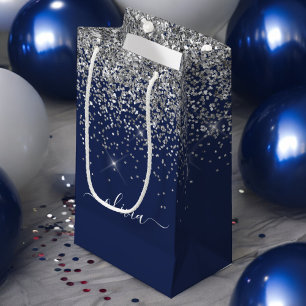 Silbernes Navy Blau Glitter Mädchen Monogramm Name Kleine Geschenktüte