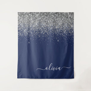 Silbernes Navy Blau Mädchen Glitter Funkeln Monogr Wandteppich