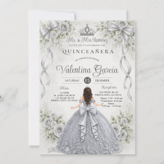 Silbernes Quinceañera-Kleid Mädchen Geburtstag Flo Einladung