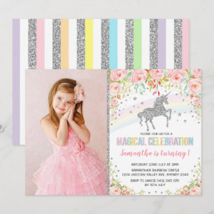 Silbernes Regenbogen-Einhorn-Rosa-Blumengeburtstag Einladung