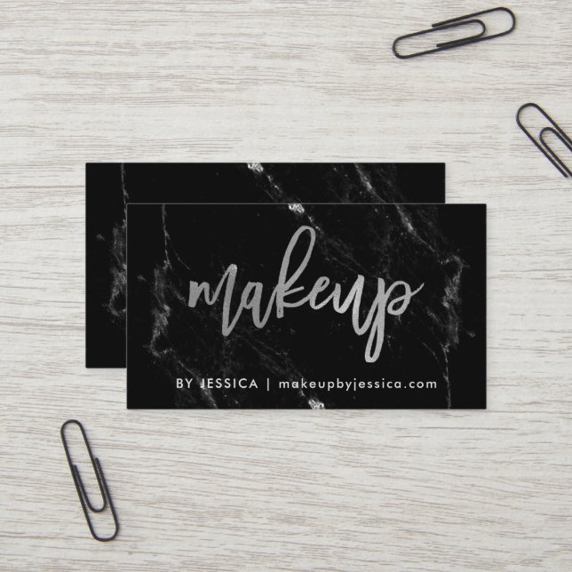 Silbernes Skript auf schwarzem Make-up des Visitenkarte (Vorderseite/Rückseite Beispiel)