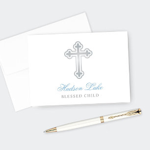 Silbernes Taufkreuz Baby Junge Taufe Blau Personal Dankeskarte
