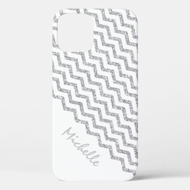 Silbernes Zickzack weißes personalisiertes Case-Mate iPhone Hülle (Rückseite)