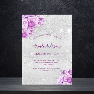 Silberrosa Blume Luxus Geburtstag Einladung