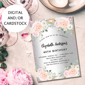 Silberrosa Blume zum Geburtstag Glitzer Einladung