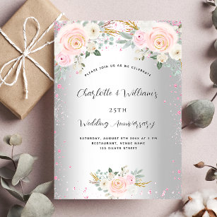Silberrosa Blumen 25. Hochzeitstag Luxus Einladung