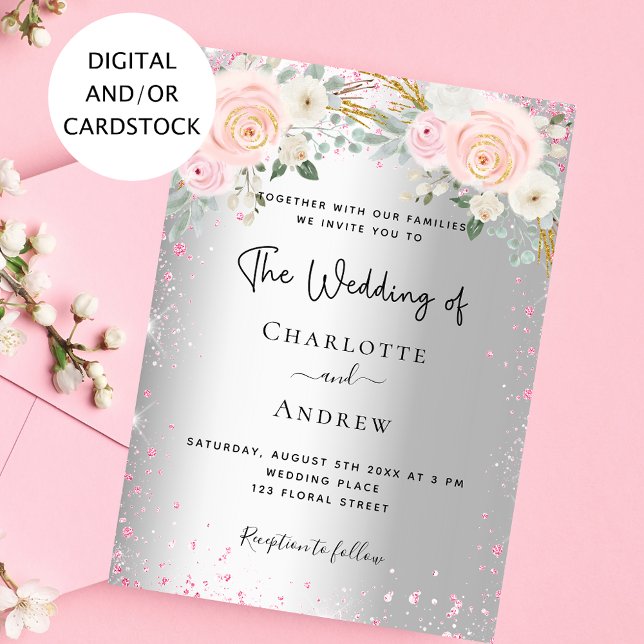 Silberrosa Blumen Glitzer Hochzeitsfeier Einladung (Von Creator hochgeladen)