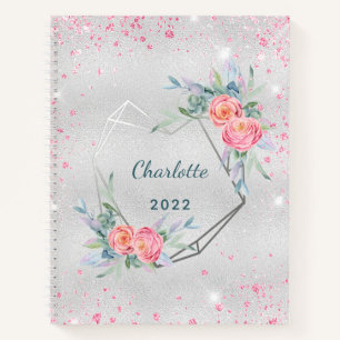 Silberrosa Blumen Glitzer Staubname Tagebuch