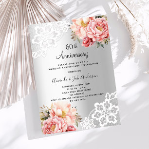 Silberrosa Blumen Luxus 60. Hochzeitstag Einladung
