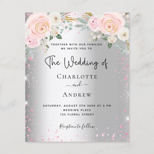 Silberrosa Blumensträuße Glitzer Hochzeitseinladun Flyer (Vorne)