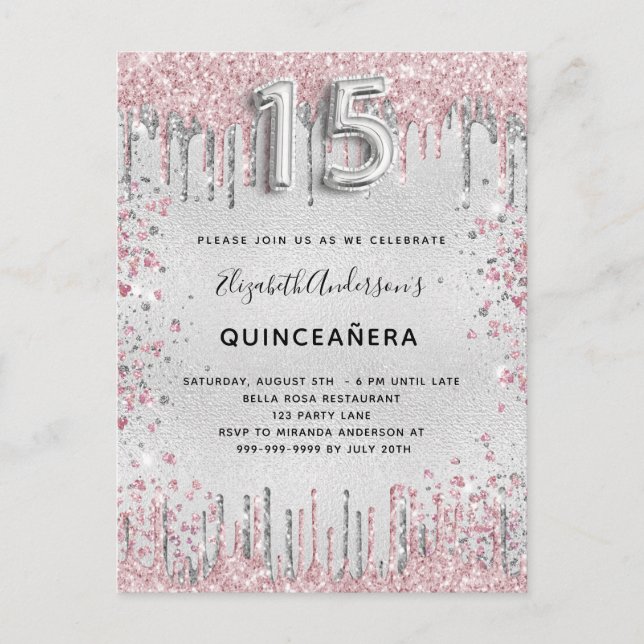 Silberrosa Glitzer aus Quinceanera Einladungspostkarte (Vorderseite)