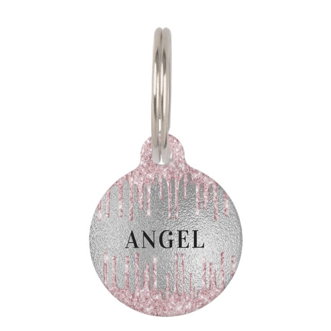Silberrosa Glitzer Tropfen Monogramm Name Mädchen Haustiermarke (Vorderseite)