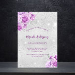 Silberrosa violette Blume Geburtstag Einladungspostkarte<br><div class="desc">Ein Imitat silber aussehender Hintergrund mit Imitaten silberne Glitzern und rosa und violette Blume. Personalisieren und fügen Sie einen Namen und Party-Details hinzu.</div>