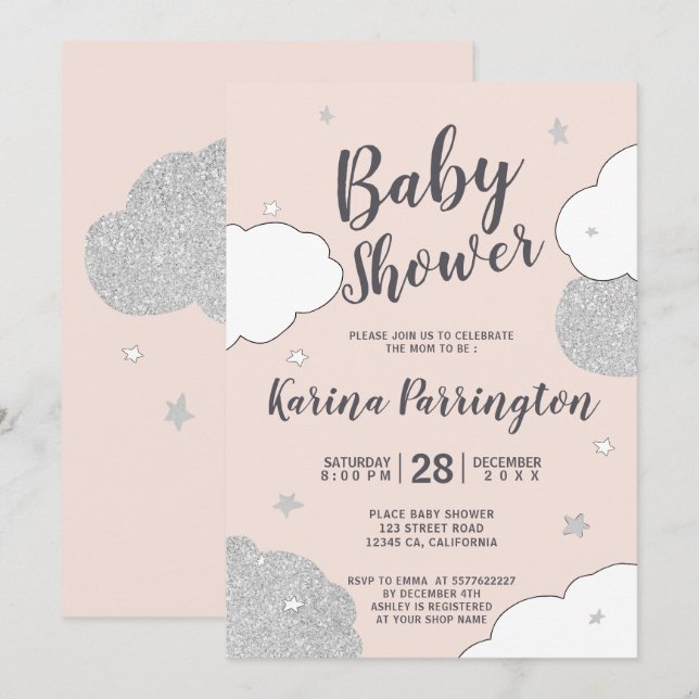 Silberrosa Wolken Sterne Mädchen Babydusche Einladung (Vorne/Hinten)