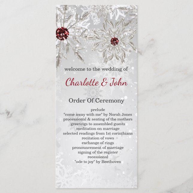 Silberrote Schneeflocken Winterhochzeit Programm (Vorderseite)