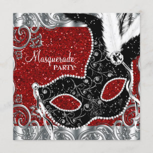 Silberrote und schwarze Masken-Maskerade-Party Einladung