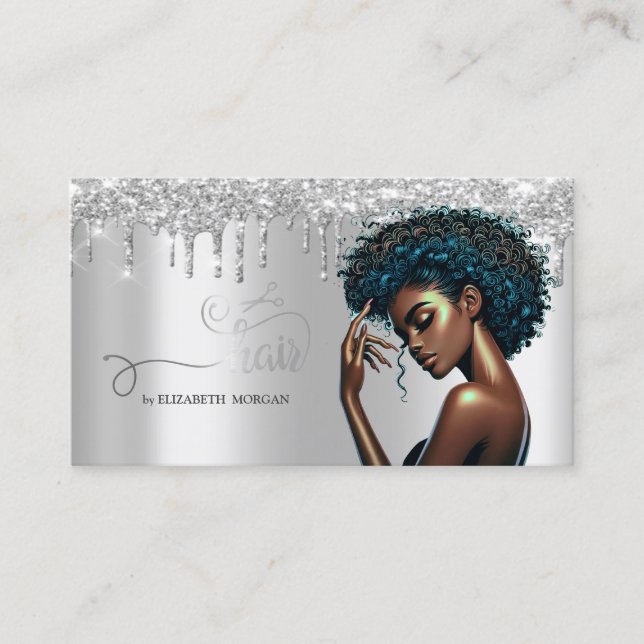 Silberschere Afro American Women Glitzer Tropfen Visitenkarte (Vorderseite)