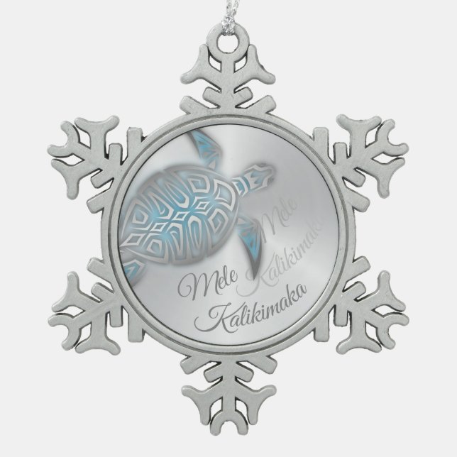 Silberschildkröte | Mele Kalikimaka | Schneeflocken Zinn-Ornament (Vorderseite)