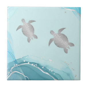 Silberschildkröten, blaue Tinte Hintergrund Küst Fliese