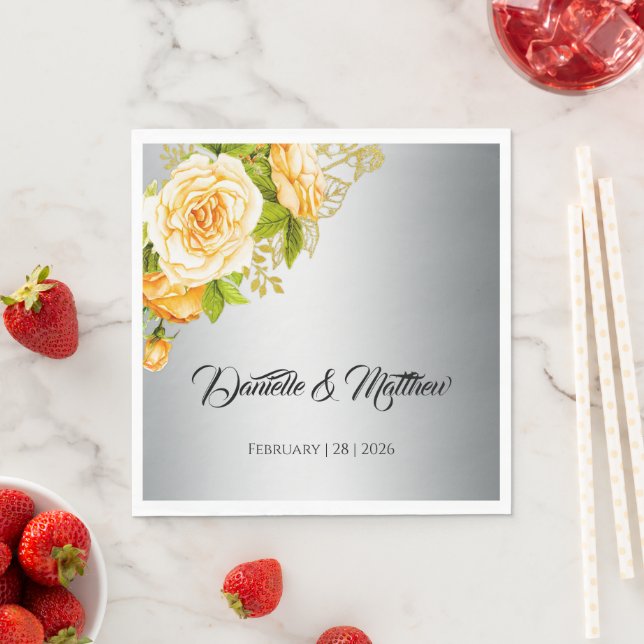 Silberschimmernde und gelbe Rosenhochzeit Serviette (Beispiel)