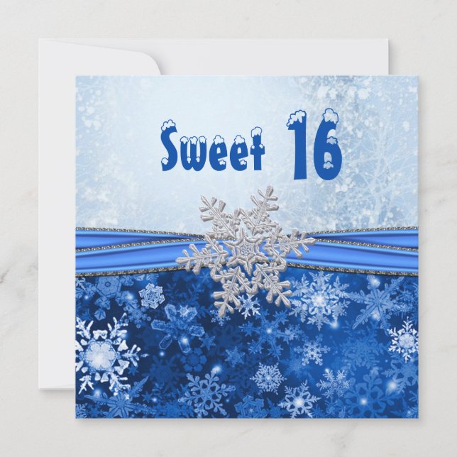Silberschneeflocke auf blauem Sweet 16 Party Einladung (Vorderseite)