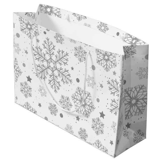 Silberschneeflocken auf weiß große geschenktüte (Rückseite Schrägansicht)