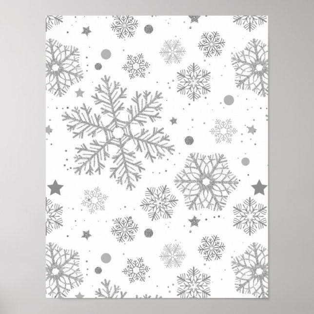 Silberschneeflocken auf weiß poster (Vorne)