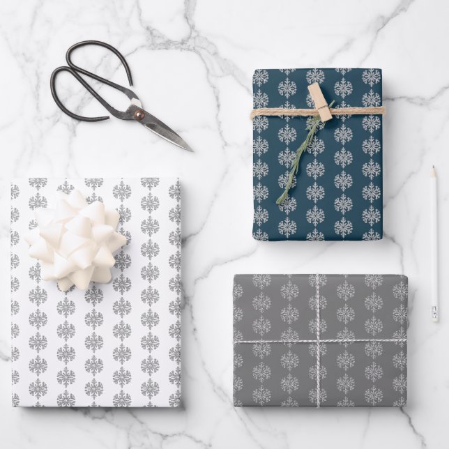 Silberschneeflocken Geschenkpapier Set (Vorderseite)