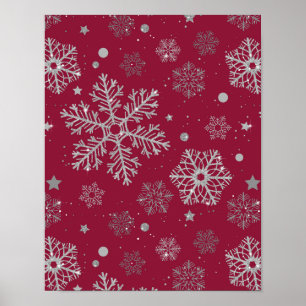 Silberschneeflocken in dunkelrot poster