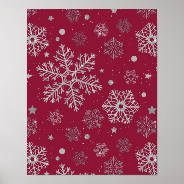 Silberschneeflocken in dunkelrot poster (Vorne)