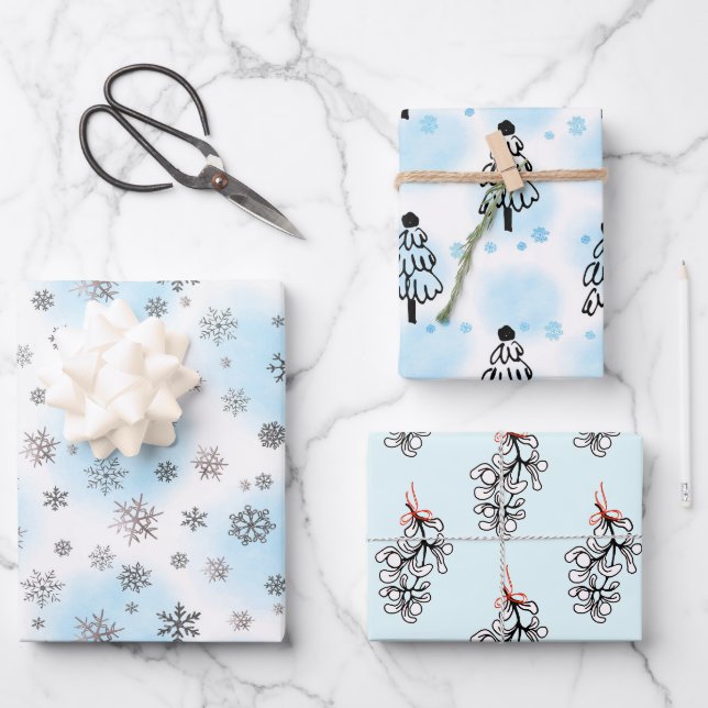 Silberschneeflocken und Mistelkuchen mit Blau Geschenkpapier Set (Vorderseite)