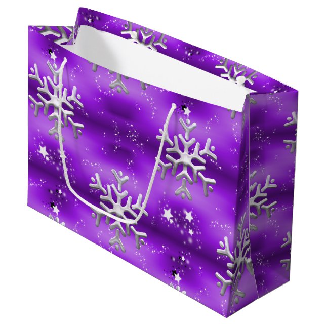 Silberschneeflocken und Sterne Lila Weihnachten Große Geschenktüte (Vorderseite Schrägansicht)