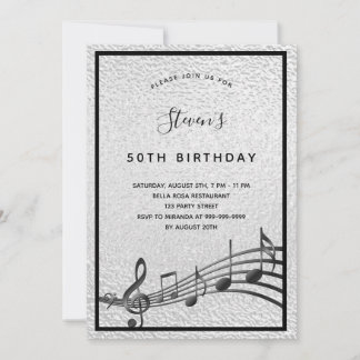 Silberschwarze Musiknoten auf Birthday-Metallic Einladung