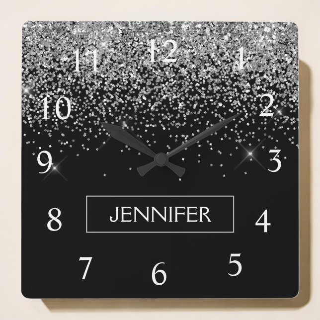 Silberschwarzer Glitzer Girl Monogram Name Quadratische Wanduhr (Von Creator hochgeladen)